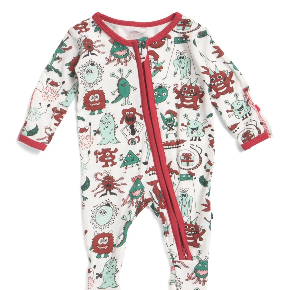 KICKEE PANTS- Merry Monsters Footie with Two-Way Zipper, NWT